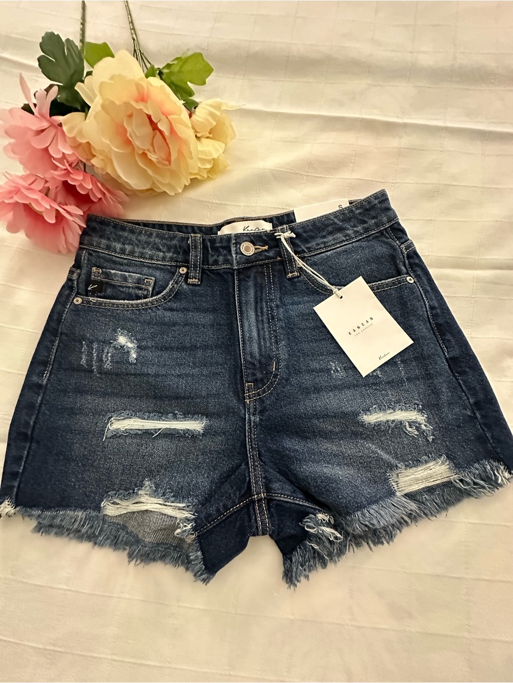 KanCan NWT Dark Blue High-Rise Distressed Jean Shorts